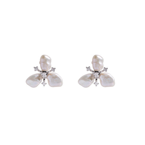 Three-Leaf Flower Keshi Pearl Petal Earrings
